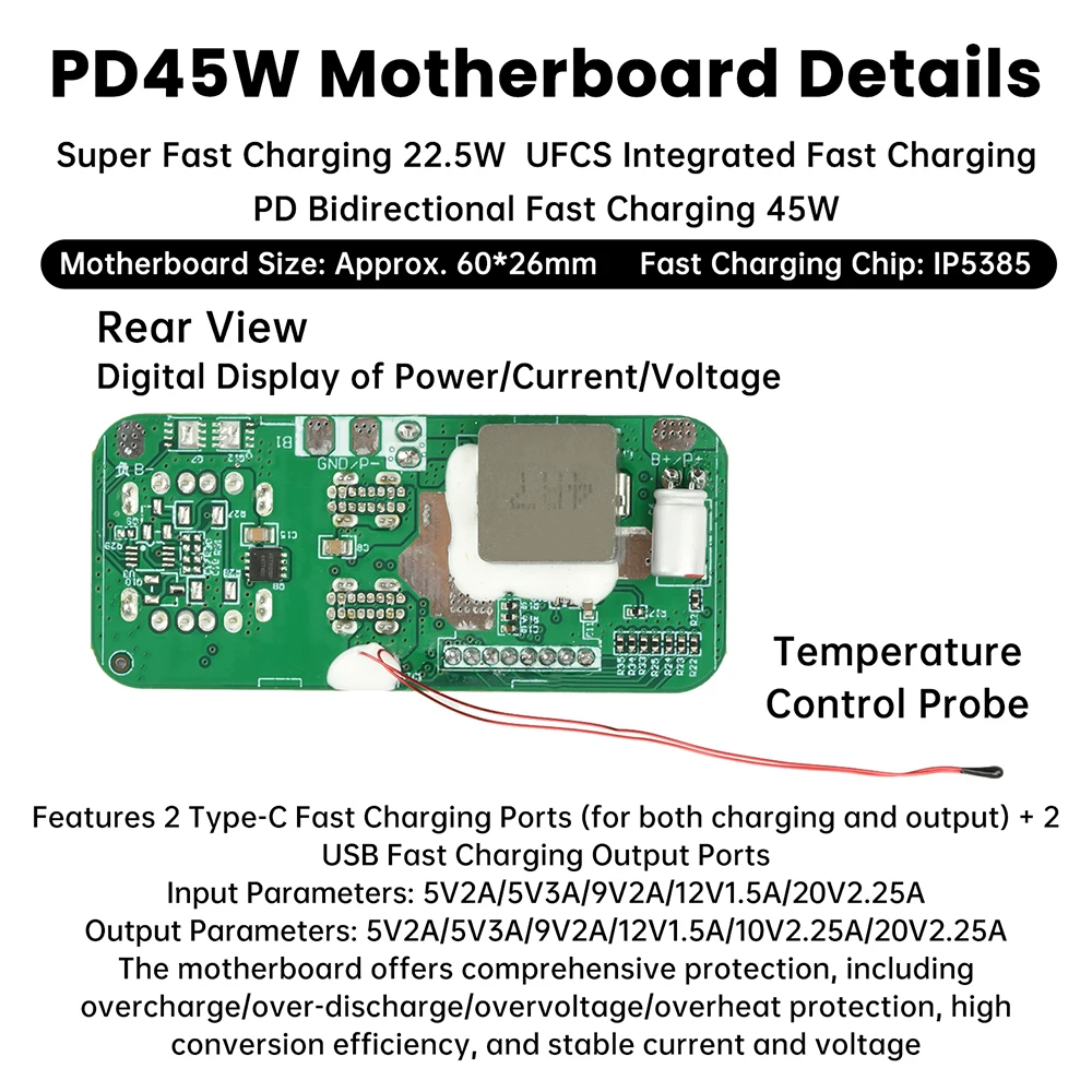 PD45W Bidirectional Fast Charging Module DIY Mobile Power Bank Motherboard 3S Battery Protection Board DIY Type-C Dual USB