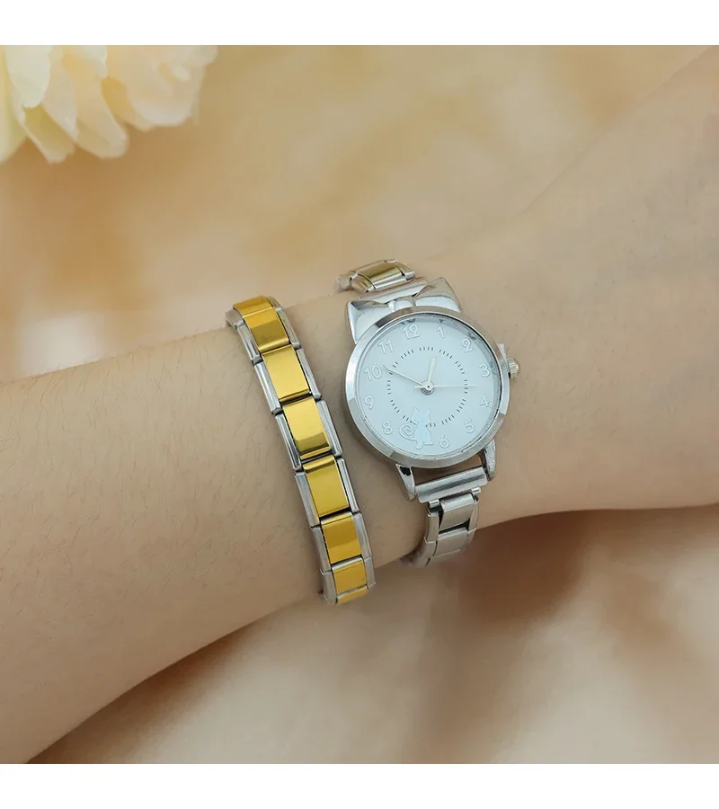 Hapiship 2024 New Fashion Women's Stainless Steel Cute Cat Watch Bracelet for Party Friend Wife Birthday DIY Jewelry Gift G019