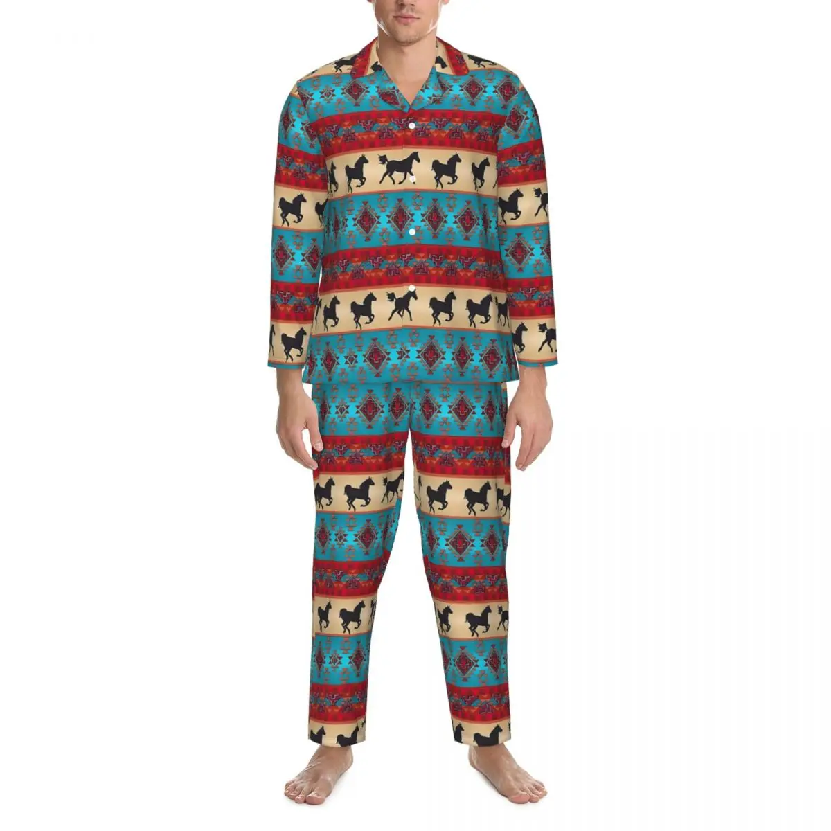 Tribal Horse Pajamas Men Vintage Print Fashion Home Nightwear Autumn 2 Piece Loose Oversize Graphic Home Suit