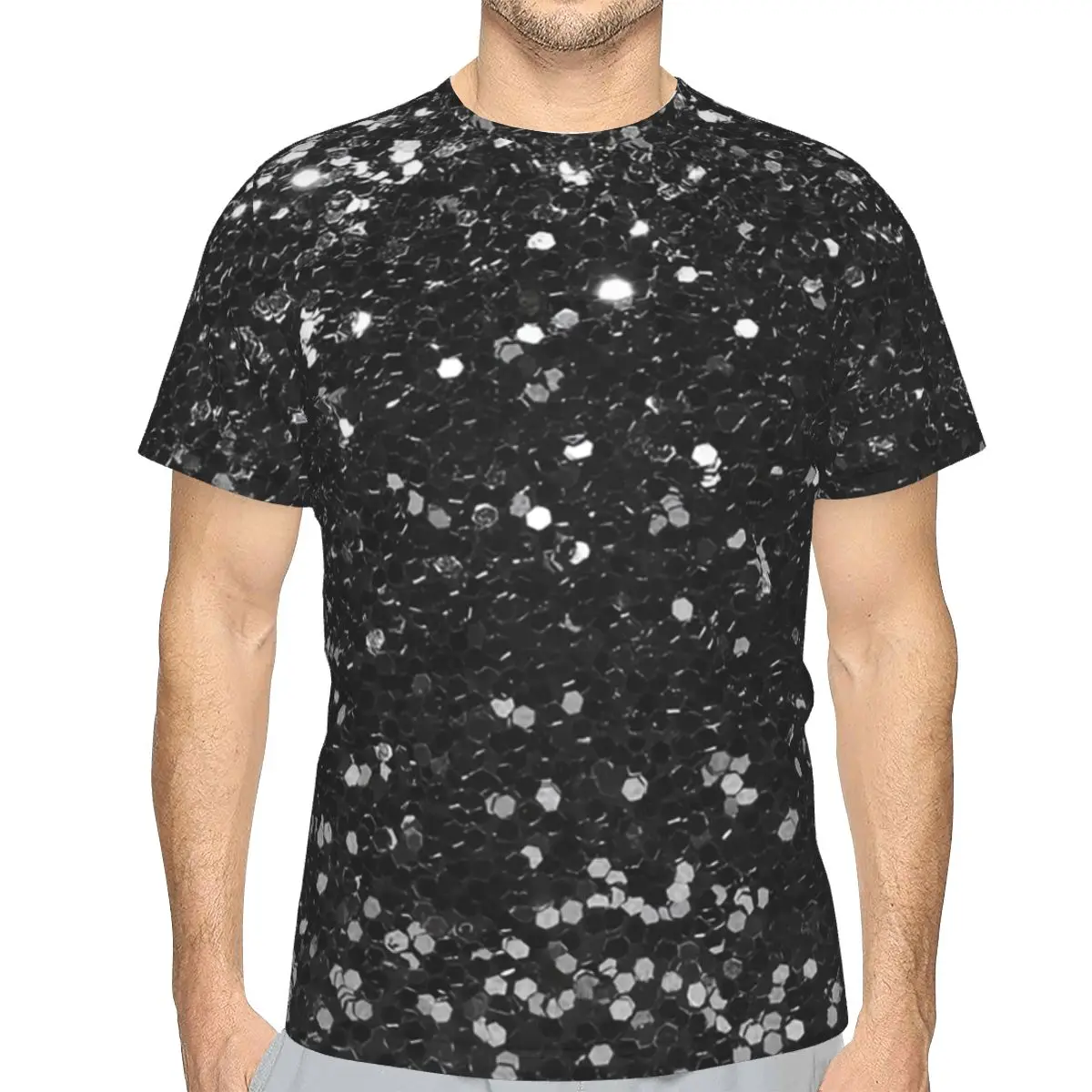 Black Glitter Look Chunky Sequin 100% Cotton T-Shirt Men'sFashion T Shirts Men Crew Neck Short Sleeve