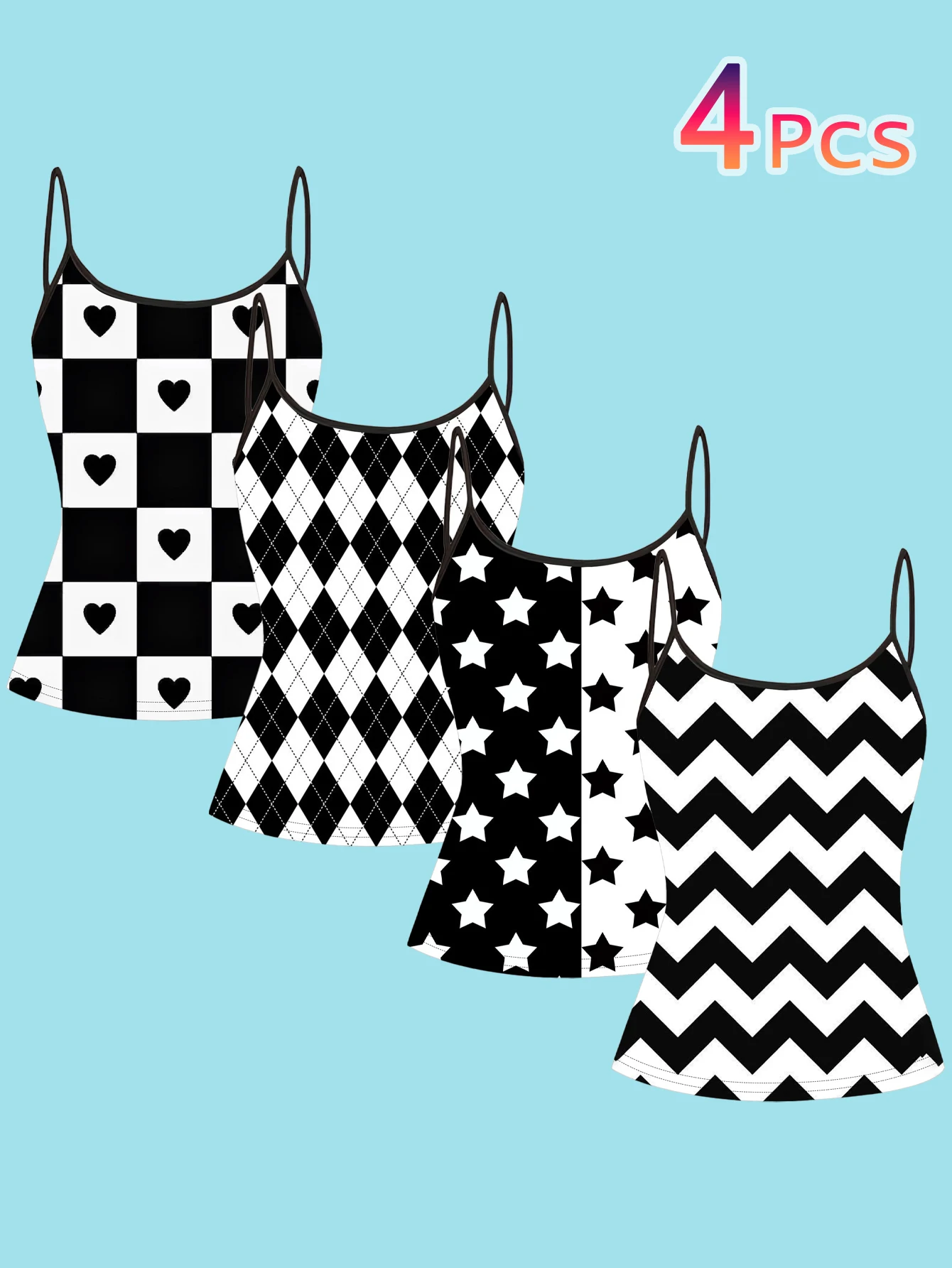 4-Piece Set of Women's Y2K Style Printed Camisoles, Black and White Checkerboard, Heart, Diamond, Star, and Wave Patterns, Slim-Fit Spaghetti Strap Tops