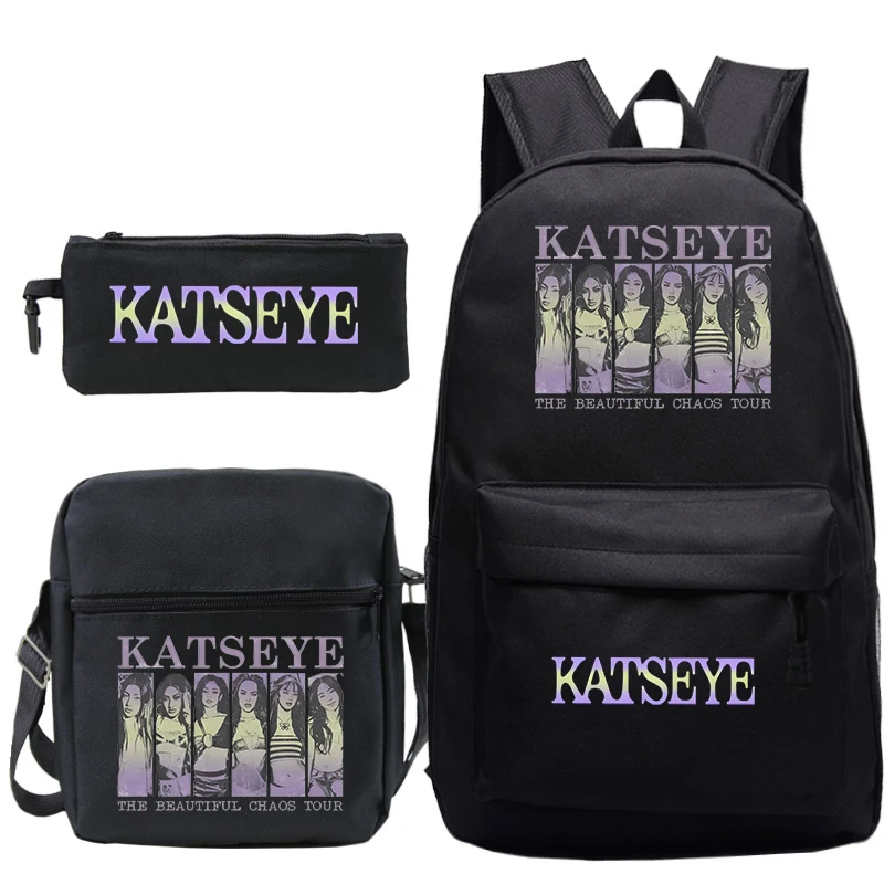 Katseye Beautiful Chao Backpack 3pcs Set Boys Girls Schoolbag With Shoulder Bag Pencil Bag Set Lightweight Travel Bags Mochila