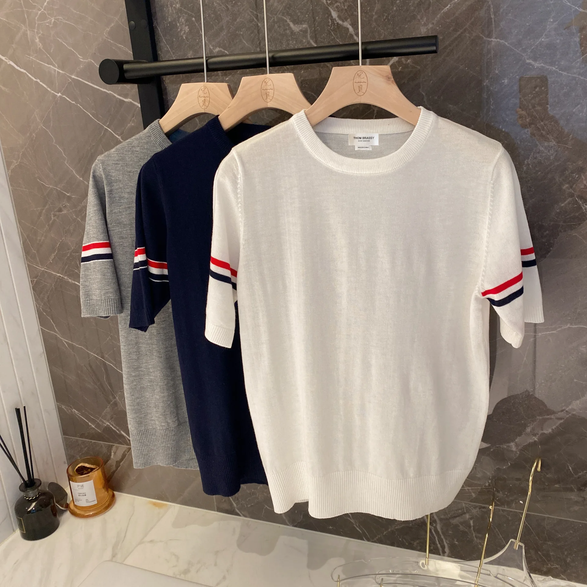 

Summer Casual Knitted Wool Blend round Neck Short Sleeve Women's Top Breathable Versatile Fashionable Commute Style Stripe Pa...