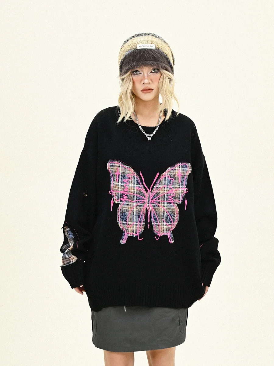 Plaid Butterfly Crew Neck Sweater Women's 2024 Winter New Loose Bf American Lazy Wind Knitted Top image 2