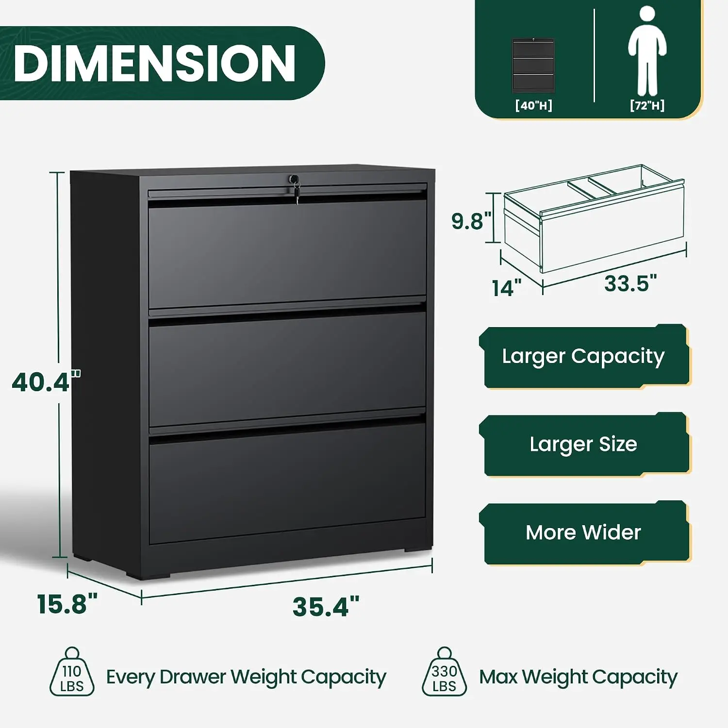 3 Drawer Lateral File Cabinet with Lock, Metal Storage for Home Office, Heavy Duty Letter/Legal/A4/F4 Size, Customized