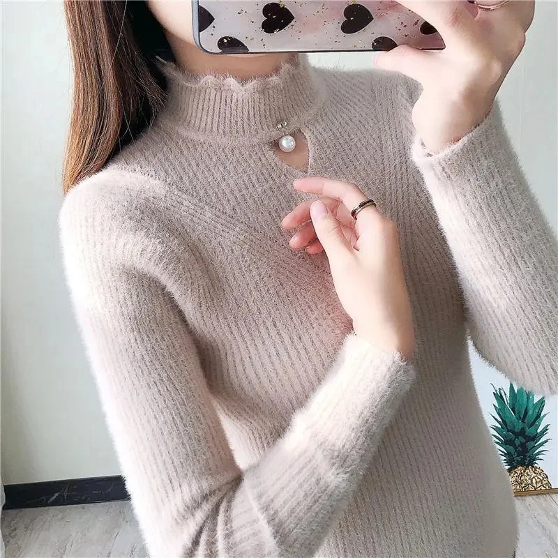 2023 New Fashion Half Turtleneck Sweater Autumn Winter Women\'s Long-sleeved Knitwear Solid Color Pullover Top Trending Sweater