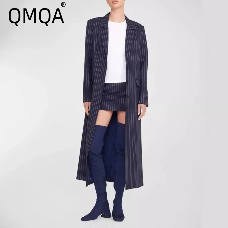 

QMQA модный женский полосатый длинный плащ однобортный офисный женский ветровка женские пальто 2025 новая верхняя одежда QM567