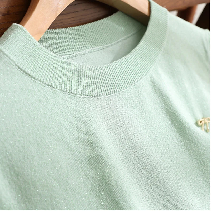 Green Loose Thin T Shirt for Women 2023 Summer Casual Tees Short Sleeve Tshirt Female O Neck Knitted Tops Korean Fashion Clothes