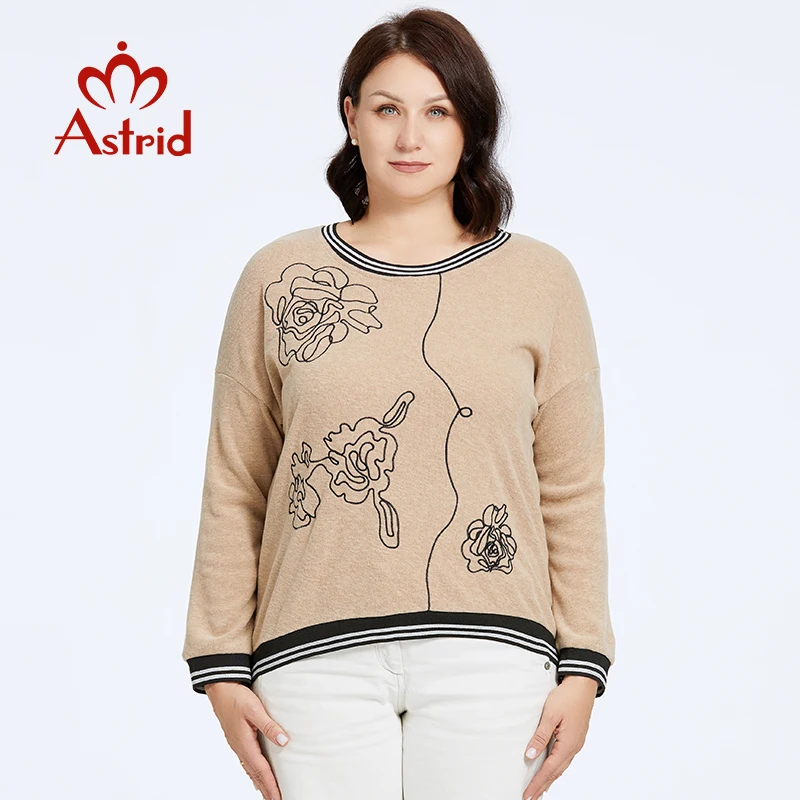 Astrid Women\'s Sweater 2023 Top Oversized T-shirt Female Basic Clothing Fashion Embroidery Flower Pullovers Soft Knitted Jumpers