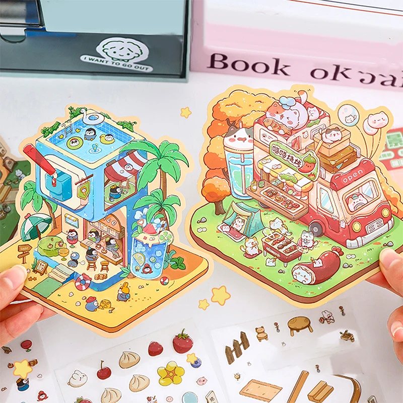 4Set Cute 3D Cartoon DIY Scenery Miniature Scene Visual Stacking Stickers Landscaping Stickers DIY Pocket Cabin Scene Stickers