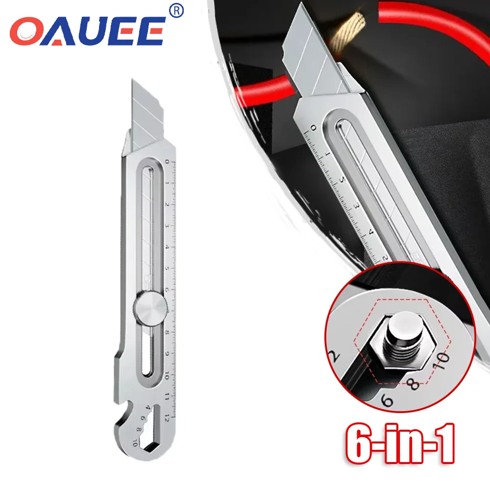 

6-in-1 Utility Stainless Steel Knife Multifunctional Tail Break Design/Ruler/Bottle Opener Cutting Knife 18mm Blade Holder