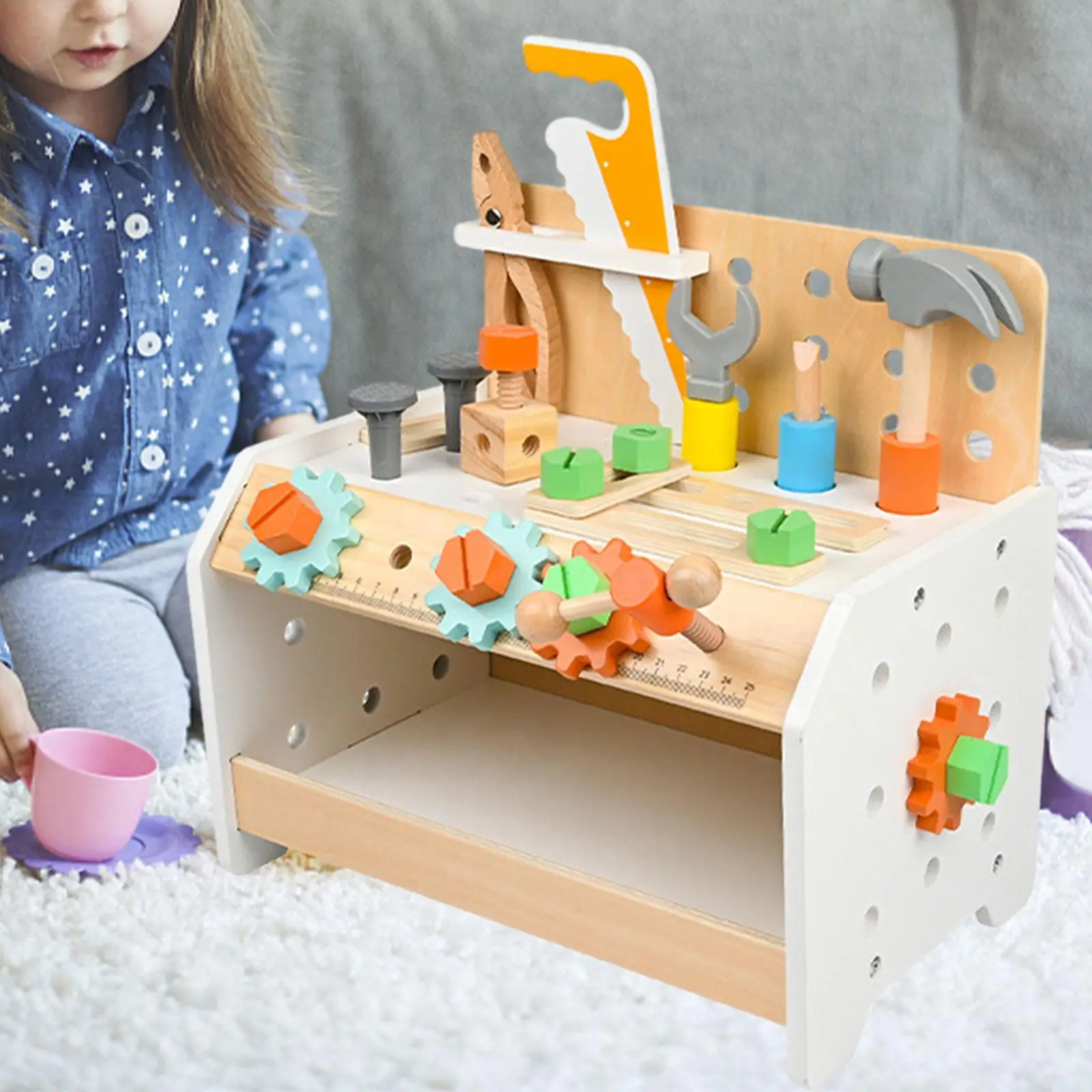 Wood Play Tool Work Bench Workshop Fun Fine Motor Skill Wood Construction Tool Wood Wrench Toy Tool Set for Kids Babies Gifts