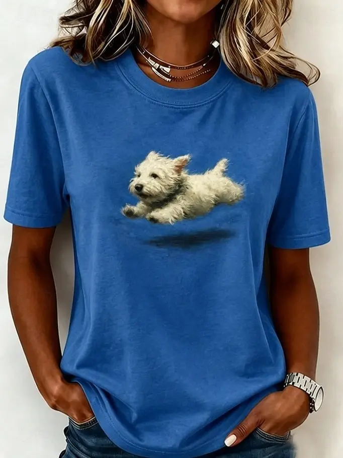 Women's Spring Summer 3D Printed Crew Neck Tee, Olive Green Oil Painting Running Westie Puppy Soft Daily Top