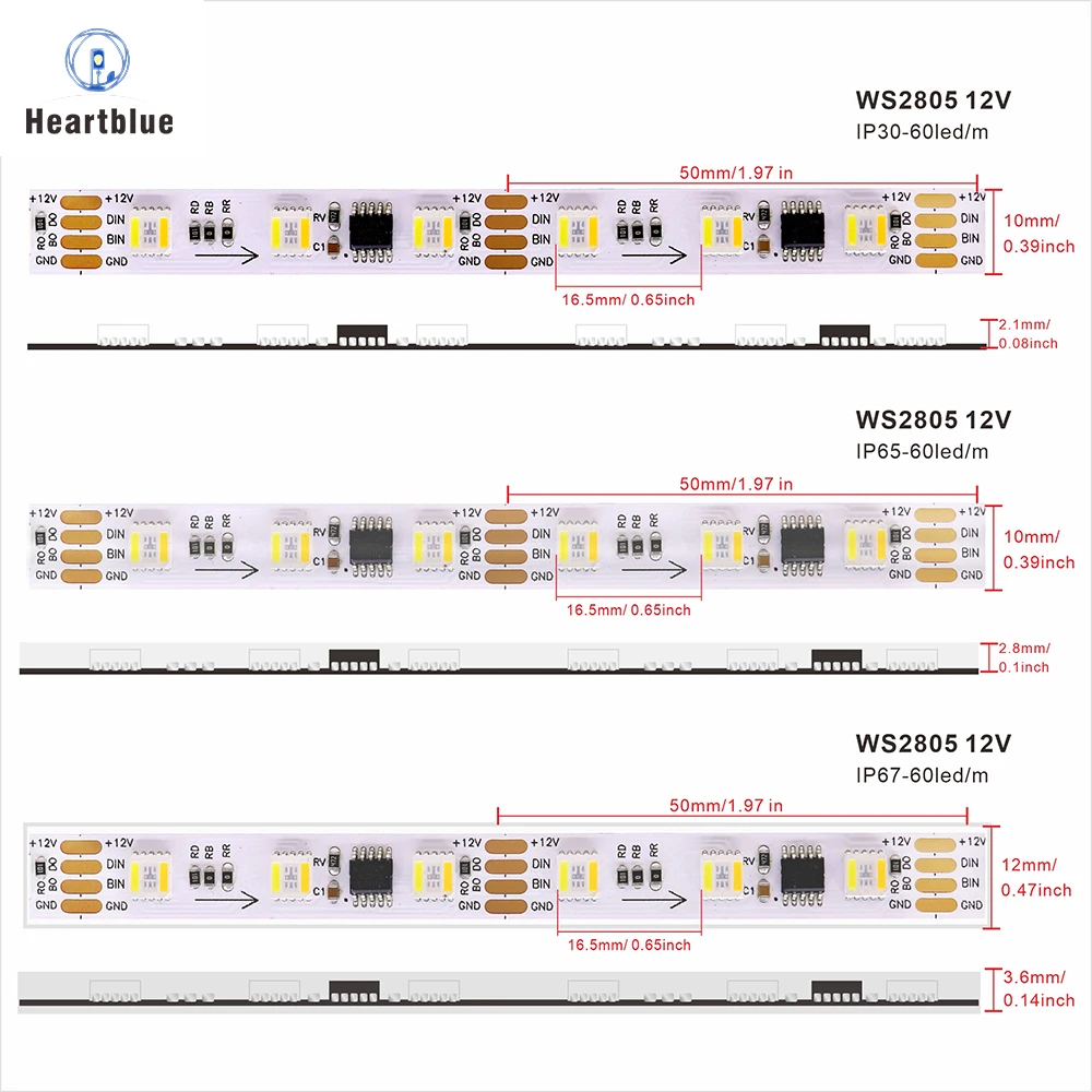شريط إضاءة LED RGBCCT WS2805 Pixel 5in1 مصباح LED قابل للعنونة Ws2811Dual-Signal RGB WW CW 3000K - 6000K 60LEDs 1ICfor3 12V 24V #3