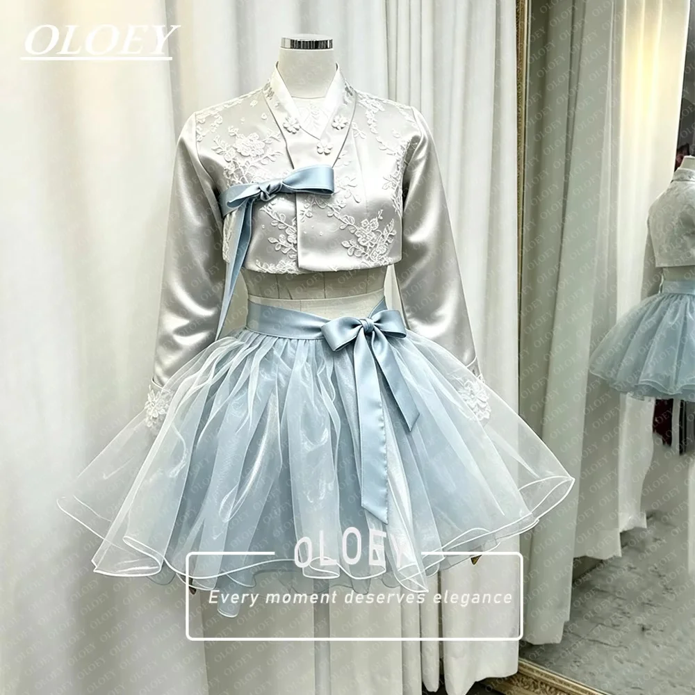 OLOEY Vintage Kontrastfarbenes Kurzes Hanbok 2-teiliges Koreanisches Fotoshooting-Kleid mit Applikationen Maßgeschneidertes Mini-Rock-Jacken-Set