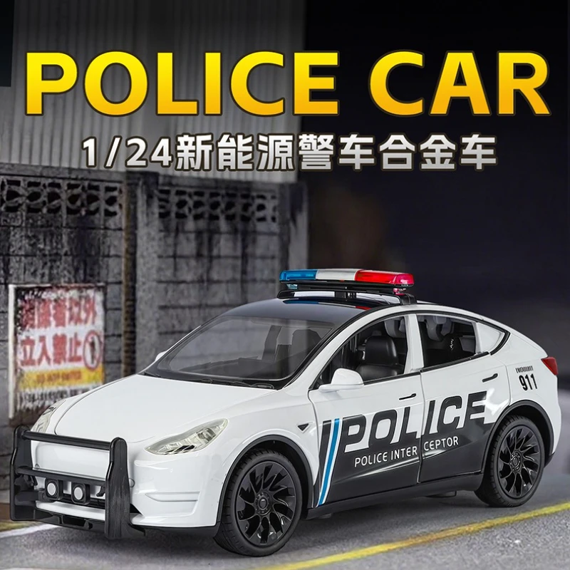

1: 24 Simulation Model Y Large Alloy Police Car Sound and Light Model with Charging Pile Cross Children's Gift Car Collectibles