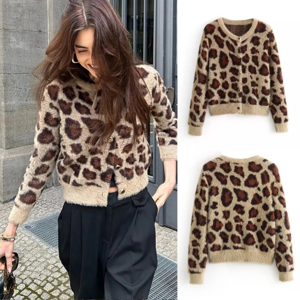 

Весна и осень 2024, женский жаккардовый вязаный кардиган с животным зерном в Европе и США, короткая куртка