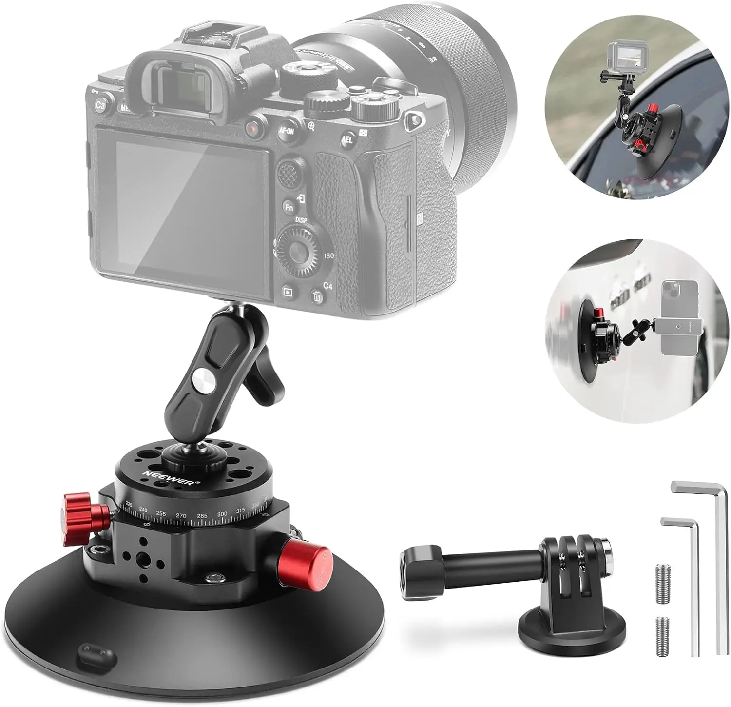 Neewer 6" Kamera-Saughalterung mit Kugelkopf, magischer Arm, Metall-Autohalterung für Kamera/Telefon, Luftpumpe, Vakuum-Saugnapf am Auto – Detail 4