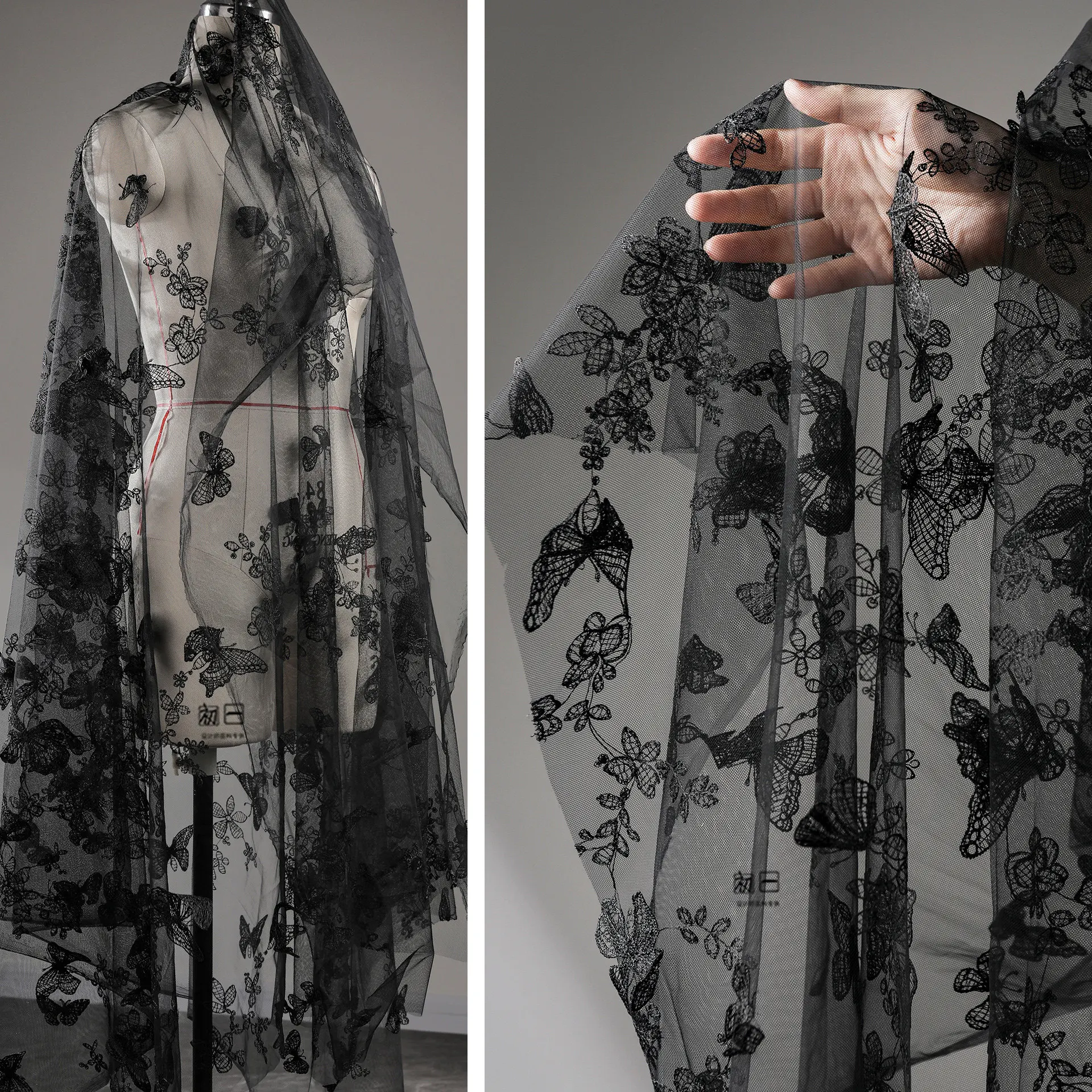 Black Three-Dimensional Embroidery Gauze Cloth Creative Wedding Gown Dress Handmade Clothing Designer Fabric