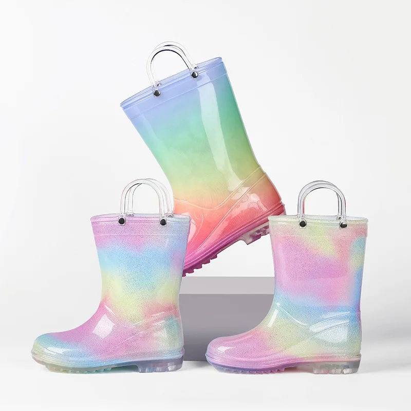 Girls Boys Mid-calf Rainbow Handle Rain Boots Baby Non-slip Soft Rubber Sole Casual Shoes Children Kids Outdoor Gardening Shoes