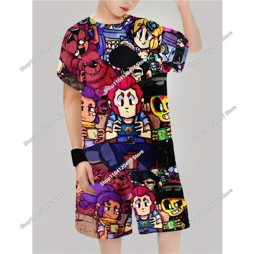 Camiseta 3D de Cosplay Brawl Stars para niña, conjunto de dos piezas de manga corta y pantalones cortos, camiseta de manga corta para niñas y niños