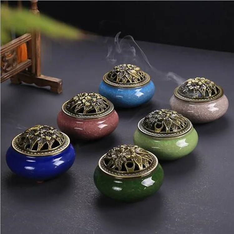 Ice Crack Coil Incense Burner with Fire Cotton Pad 4 Hours Ceramics Incense Cone Censers for Home Decor Ornaments Simple Ashtray