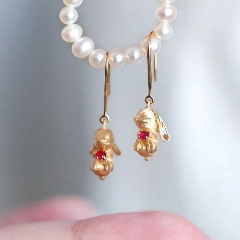 Gentle Style Red Gemstone Rabbit earrings for women Ancient Gold Craftsmanship Matte Cute and High-end Fashion Banquet Jewelry