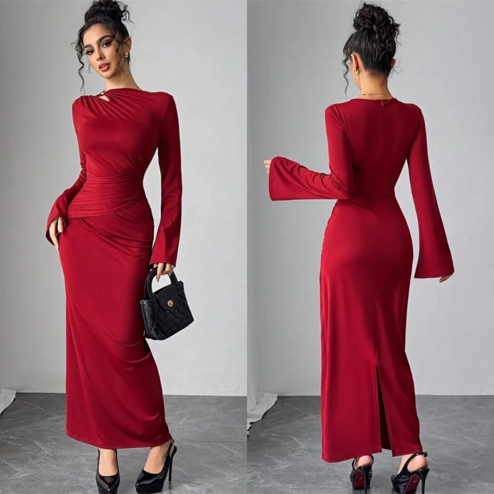 

Customized High Quality Burgundy Jersey Evening Dress Classic Crew Neck Zipper Back Mermaid Back Slit Special Occasion Gowns