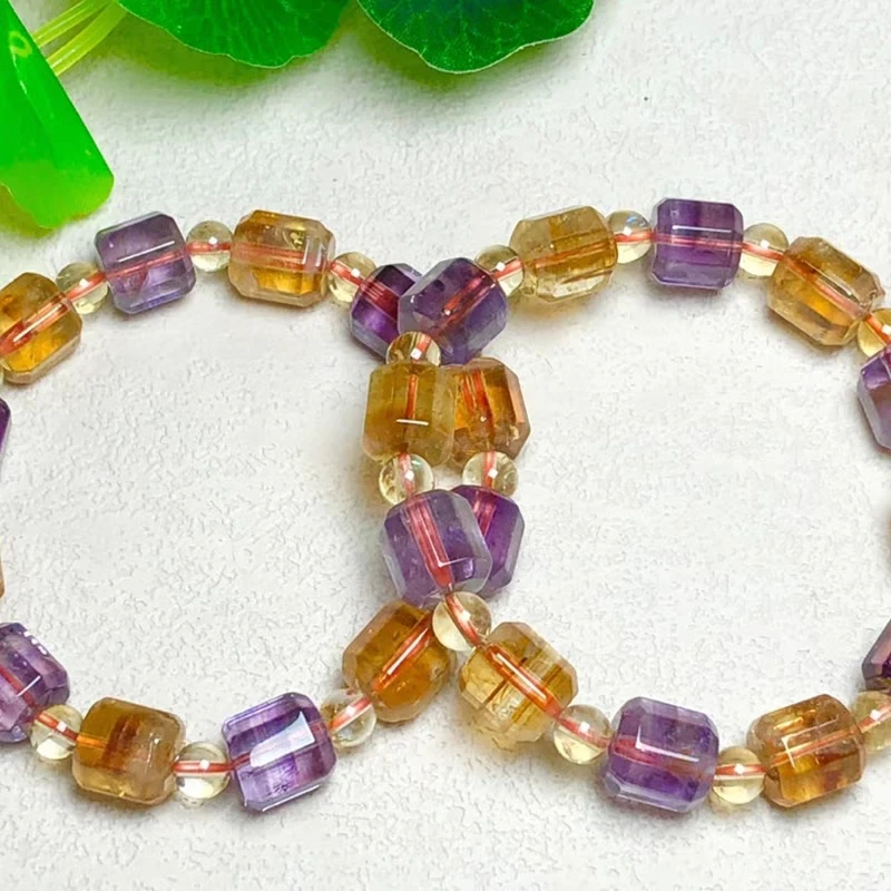 Natural Purple Yellow Ametrine Quartz Cube Beads Bracelet Women Men 10x9mm Citrine Amethyst Clear Faceted Beads Brazil AAAAA