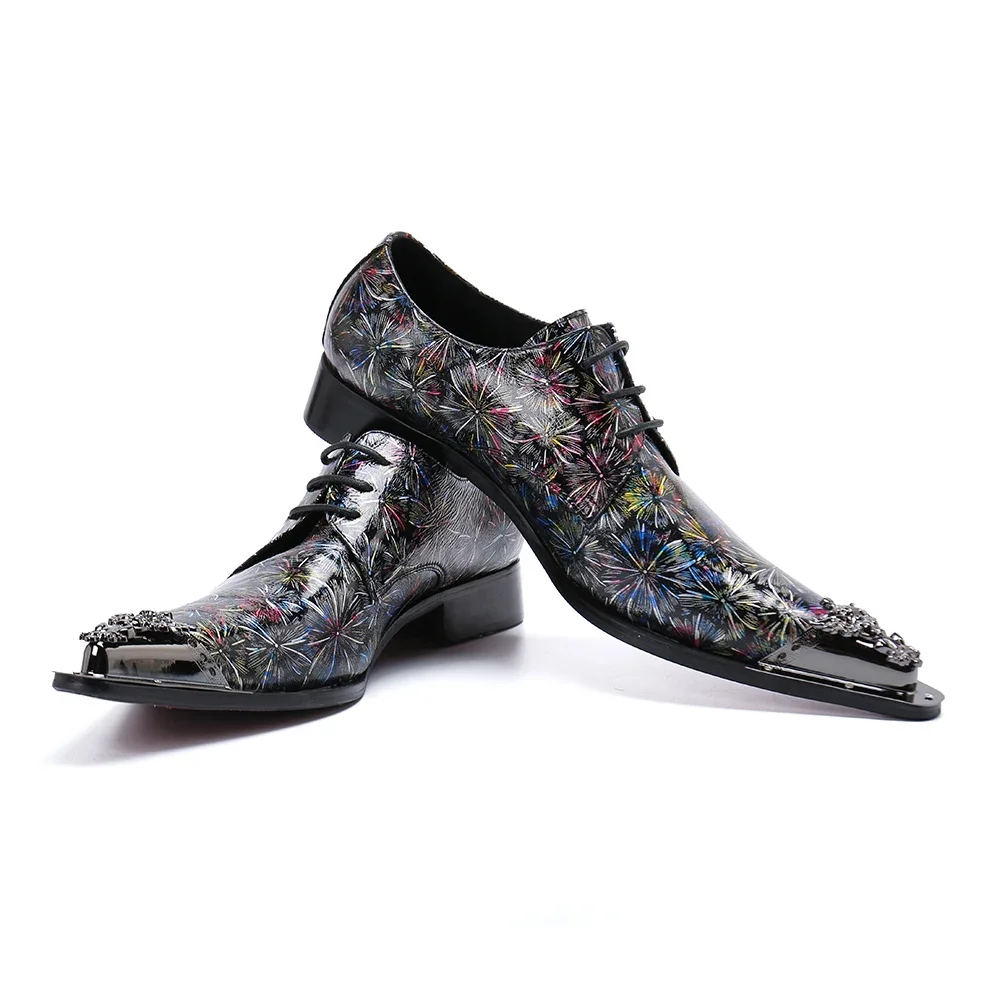 Italian Style Metal Pointed Toe Lace-up Man Genuine Leather Shoes Fashion Firework Printed Men Party Dress Oxford Shoes Big Size