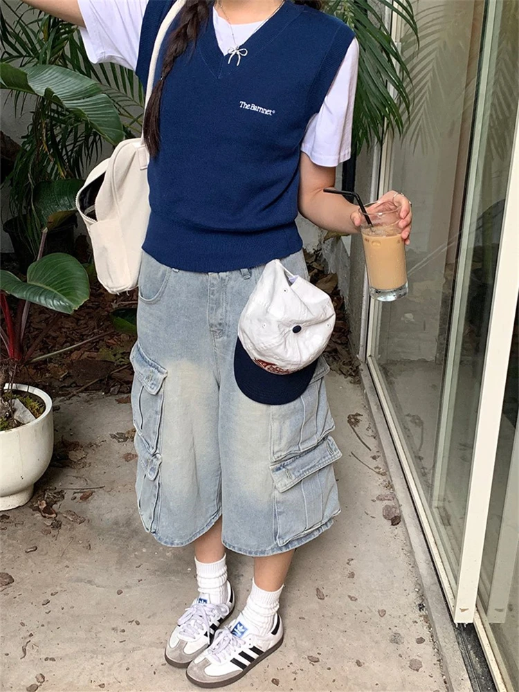 

Women's Multiple Pockets Shorts High Waisted Seven Point Pants Summer Cargo Young Girl Casual Bottom Female Calf-length Pants