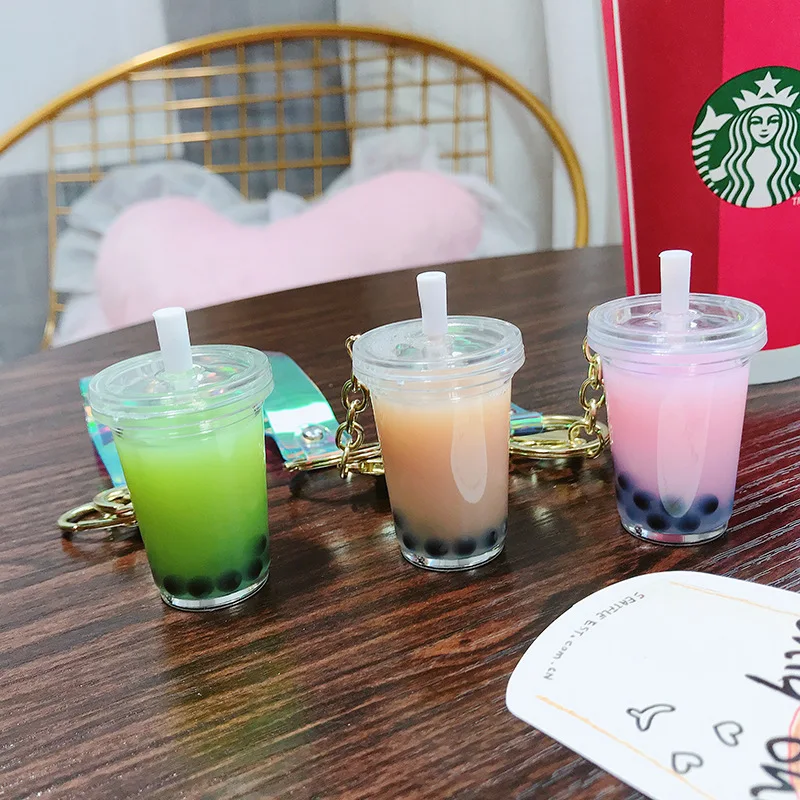 Llaveros acrílicos con forma de taza de té y leche para niña, colgante de bolsa con perlas de colores dulces, adornos de regalo, simulación bonita