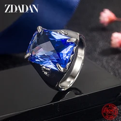 ZDADAN 925 Sterling Silver Blue Crystal Ring For Men Fashion Jewelry