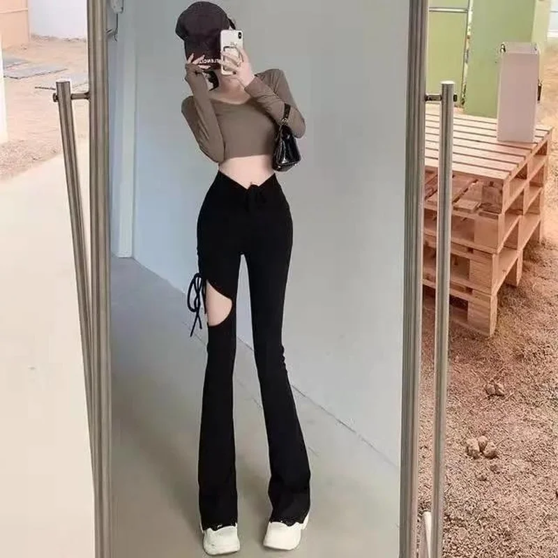 Trousers for Women Ripped Flare Leggings Black Elasticity Sexy Flared Pants  Wide Leg Palazzo Bell Pants Woman Hot High Waist