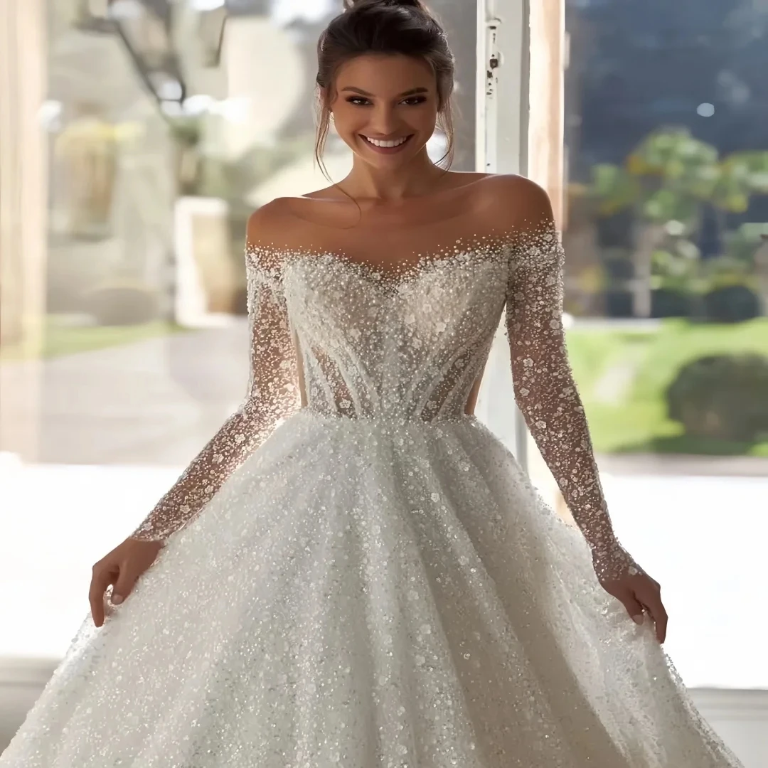 

2026 Exquisite Shiny Sequins Wedding Dress Sheer Neck Long Sleeves Pearls Beads Womans A Line Church Bride Bridal Gowns Vestidos
