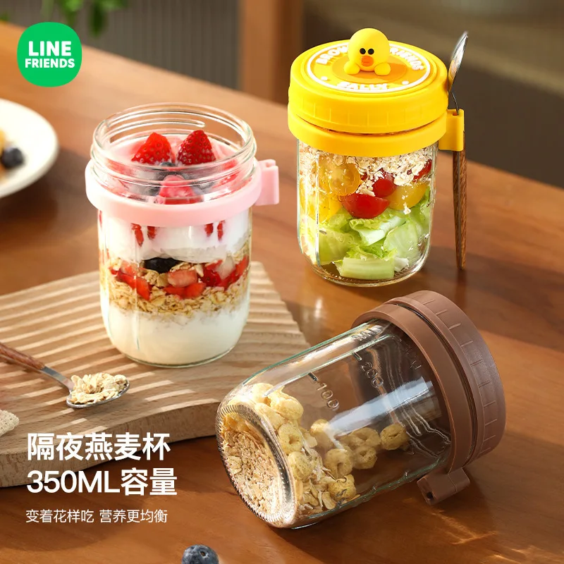 LINE FRIENDS Brown Portable Water Cup Overnight Oat Cup Sally with Lid Spoon Scale Anime Kawaii Home Breakfast Yogurt Glass Cup