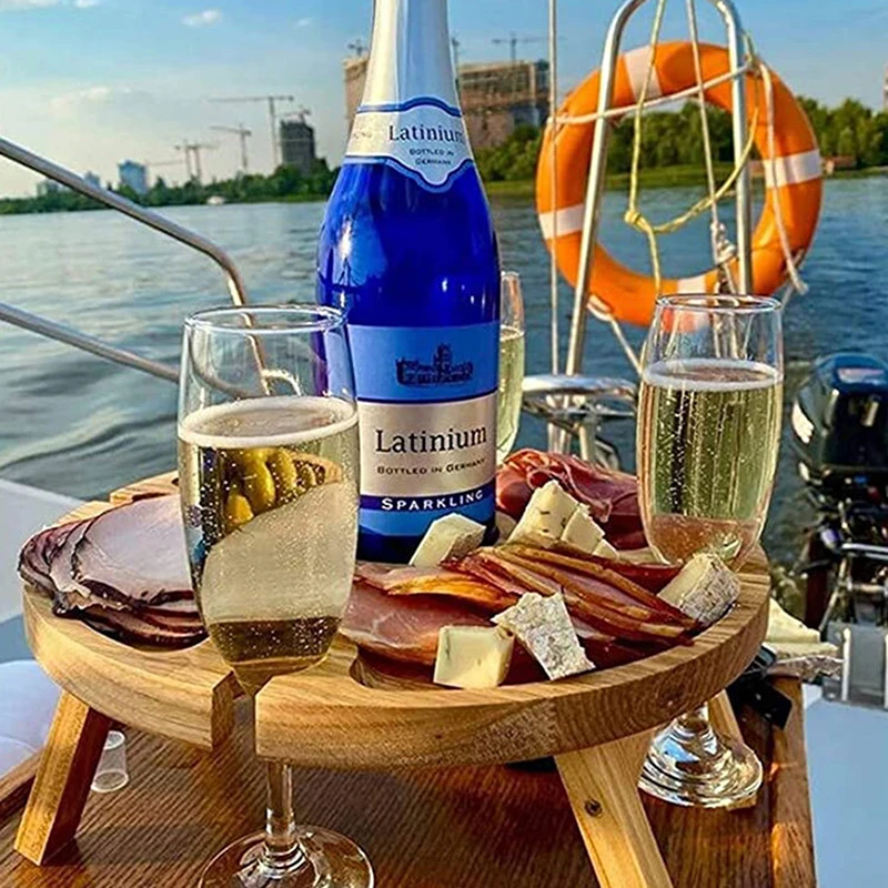 1Pc Wooden Round Foldable Tables Dried Fruit Tray With Wine Glass Holder For Outdoor Picnic Garden Party Fruit Snack Pastry Tray image 3