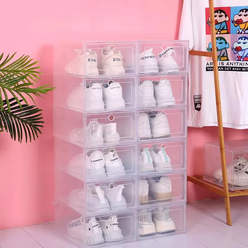 6 teile/satz Falten Kunststoff Schuhe Fall Verdickte Transparente Schublade Fall Kunststoff Schuhkartons Stapelbare Box Schuh Organizer Schuhkarton