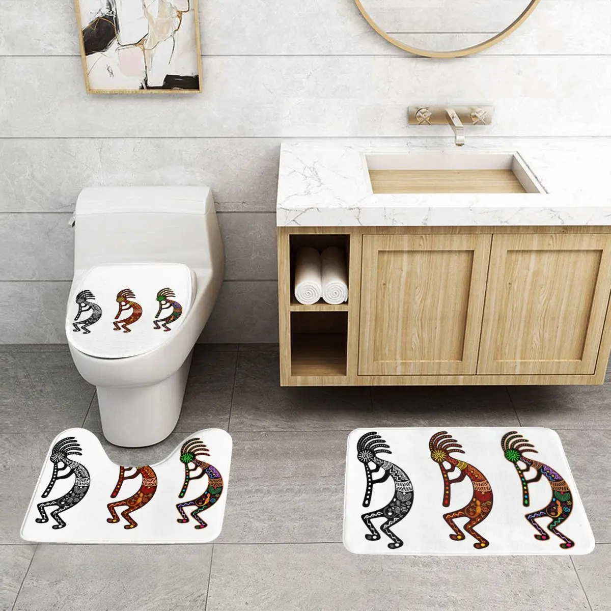 Custom Kokopelli The Flute Player Bathroom Rugs Set 3 Pieces Non Slip Aboriginal Tribal Pattern Toilet Bath Mat Sets