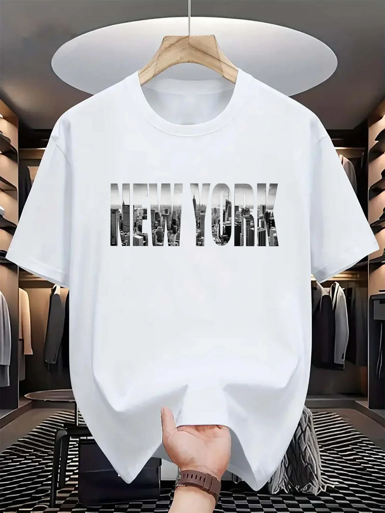 

2025 Summer men's pure cotton casual loose plus size New York City printed sports comfortable round neck short sleeved T-shirt