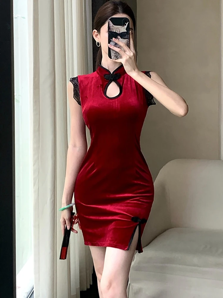 Vrouwen rood fluwelen patchwork kanten mini-jurk herfst elegante bodycon heupomslag sexy jurk 2025, Koreaanse vintage luxe festivaljurk