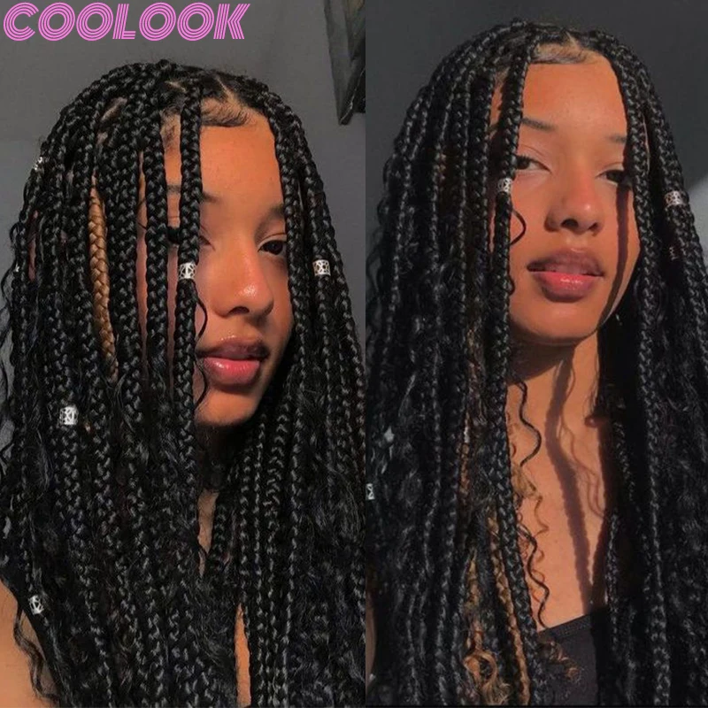 32inch Synthetic Bohemian Full Lace Braided Wig Deep Wave Box Braids Lace Frontal Wig for Black Women Knotless Natural Braid Wig