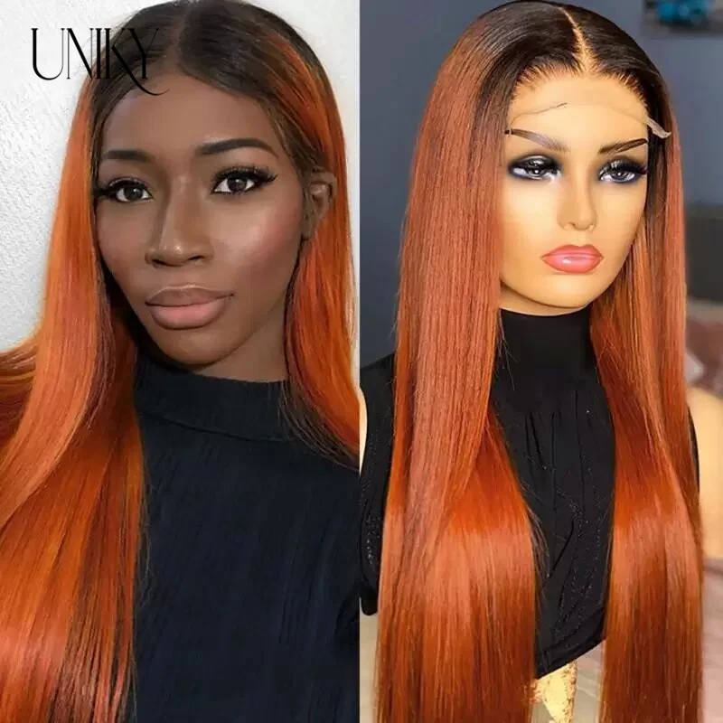 Ginger Orange Lace Front Wig Bone Straight Human Hair Wig for Black Women Ombre Color Short Bob 1B/Orange Human Hair Lace Wig