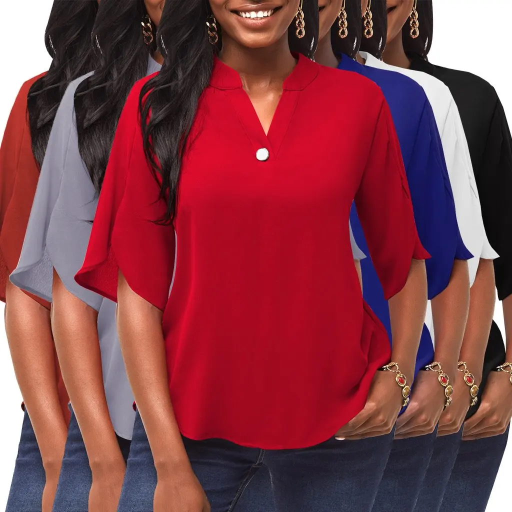 レディース Vネックボタン付きトップス カジュアルファッション 無地 SMR11195 新作 欧米風