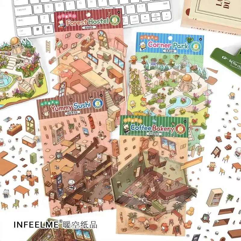 Mr. Paper, paquete de pegatinas temáticas de paisaje de tienda de Sushi para asar café en 3D, Material creativo para álbum de recortes, pegatinas personalizadas