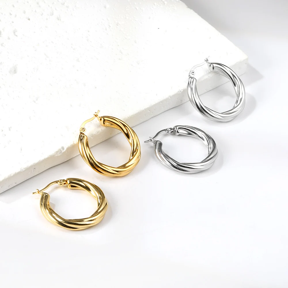 LUXUSTEEL Trendy Twisted Hoop Earrings For Women Golden Plated Silver Color Stainless Steel Round Circle Earrings Punk Jewelry