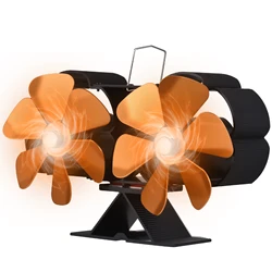 Dual Head 6 Blade Heat Powered Stove Fan with Carrying Handle and Overheating Protection Portable Heat Fan