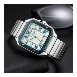 PLADAN Brand Men Watches Minimalist Stainless Steel Wristwatch Automatic Calendar Luxury Wristatches Classics Rectangle Relojes