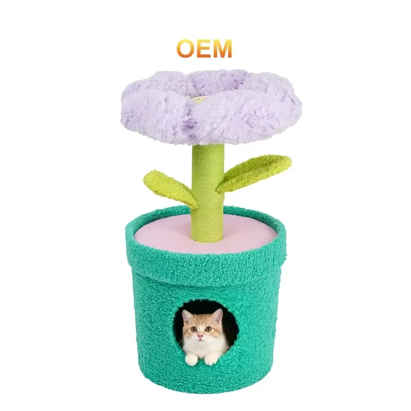 Flower Cat Nest House Warm Fully Enclosed with Sisal Scratching Post All in one Soft Breathable Pet Kennel Villa Cat Tree