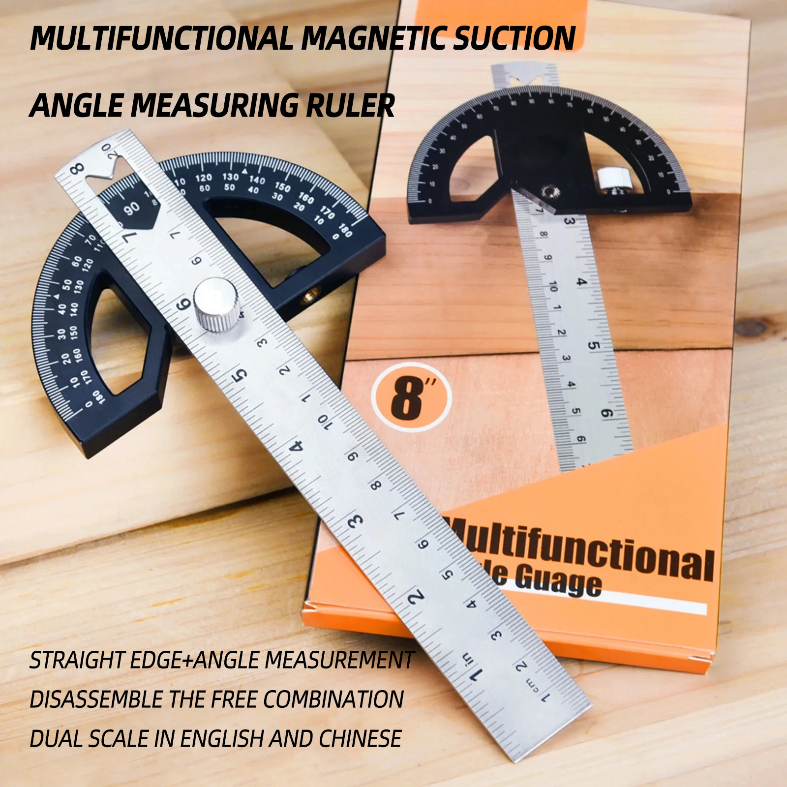 1PC Multi Functional Plastic 8 Inches Magnetic Suction Angle Ruler for Multi Angle Measurement Durable and Detachable